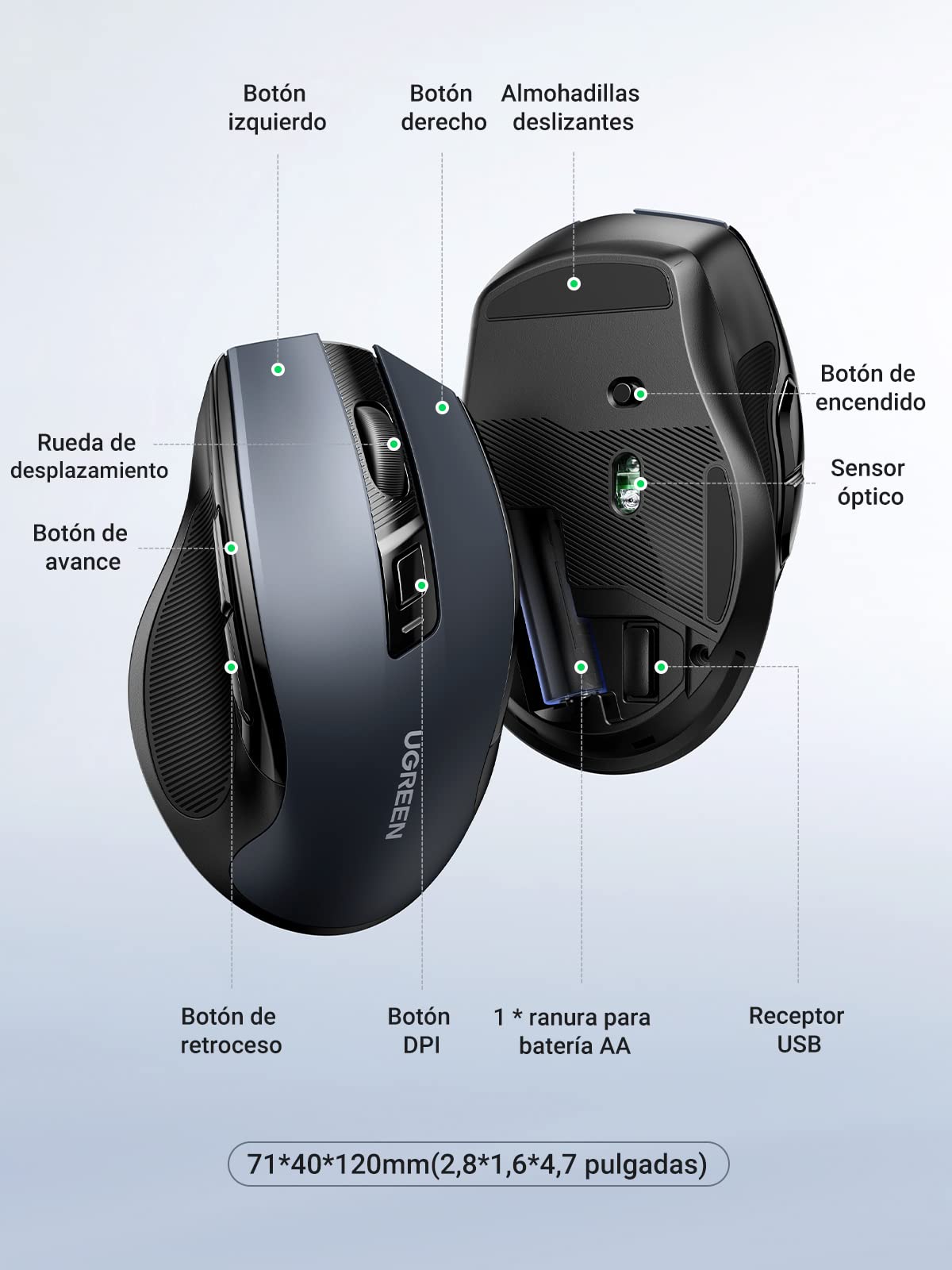 Mouse Inalámbrico UGREEN Negro Ergonómico 6 Botones 4K dpi para PC y Mac