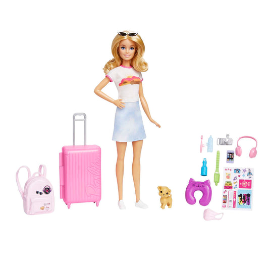 Barbie Muñeca Viajera con Set de Viaje, Incluye Mascota y más de 10 Accesorios, la Maleta Abre y Cierra, 3 años en adelante
