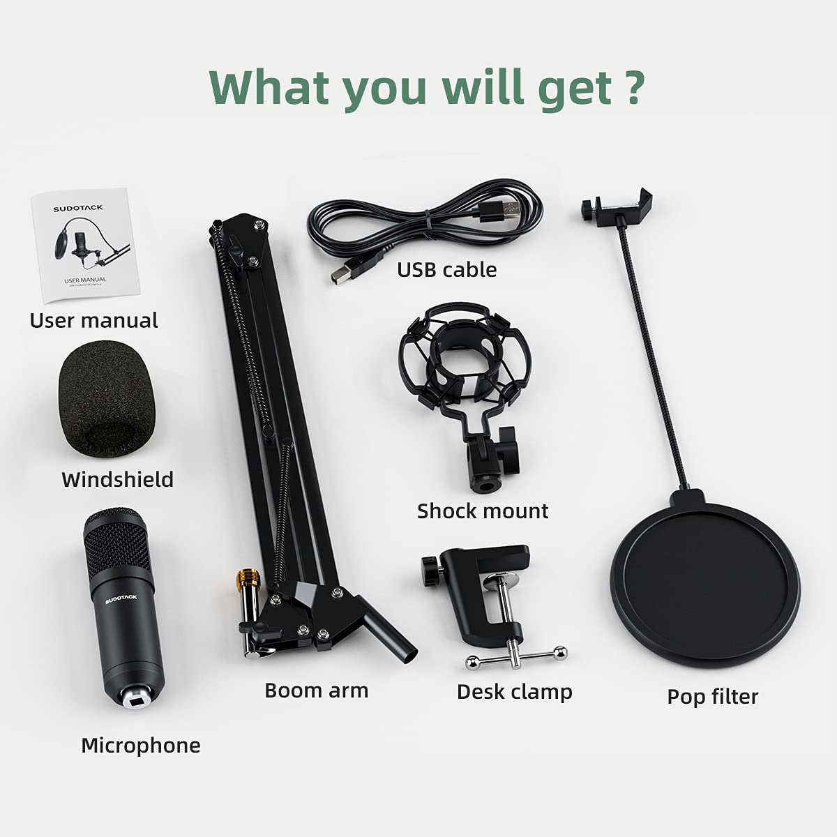 Micrófono USB Sudotack Negro Kit Condensador Cardioide con Tarjeta de Sonido y Brazo de Pluma para Podcast