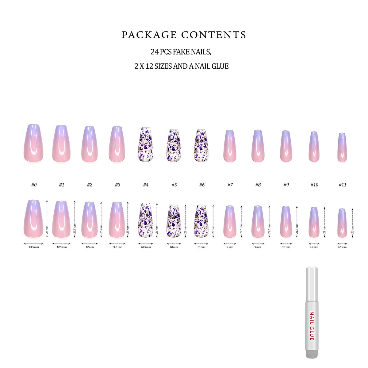 Hypnaughty 24 Pcs Rio Purple and Pink Ombre Coffin Press on Nails with Design and Glue Long and Extra Long Fake Nails Purple and Pink Ombre with Transparent Gold and Purple Design Glue on Nails (Rio)