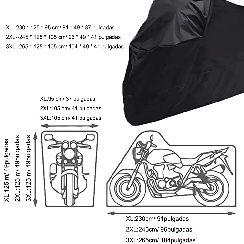 Jiula Cubierta Impermeable para Motocicletas 210D 2XL - Funda para Moto Protectora a Prueba de UV Lluvia Polvo Viento Nieve Excremento de Pájaro al Aire Libre (245 * 125 * 105 cm, Negro)
