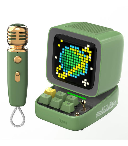 Divoom DitooMic Bocina Pixel Art Altavoz Bluetooth con Micrófono de Karaoke Portátil, Teclado Mecánico RGB, Pantalla LED RGB, Diversos Modos de Sonido, Reloj Despertador Inteligente, Color Verde.