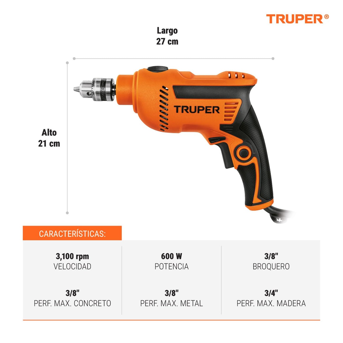 Truper ROTO-3/8A4, Rotomartillo 3/8" 600 W profesional