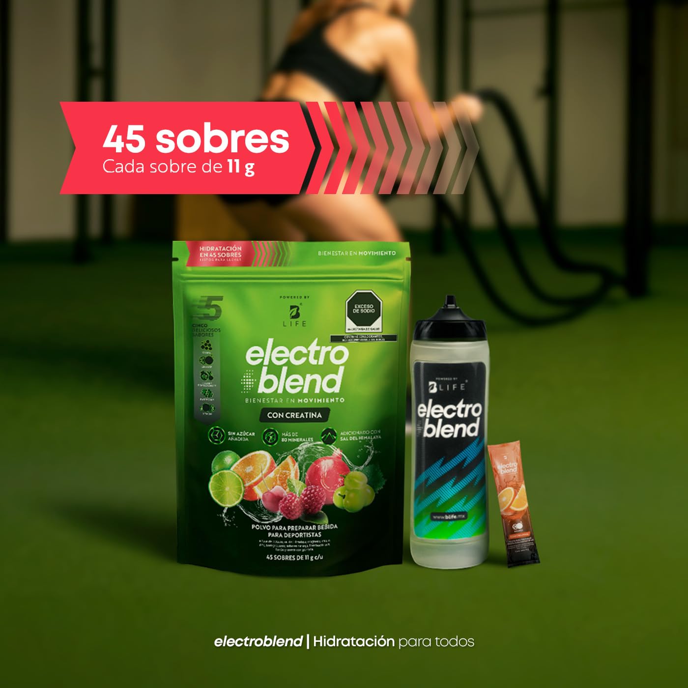 B Life Electrolitos con Creatina | 5g de creatina monohidratada por porción | 45 sobres | Sin Azúcar Ni Colorantes Añadidos | Más de 80 Minerales | 495g | Electroblend Con Creatina.