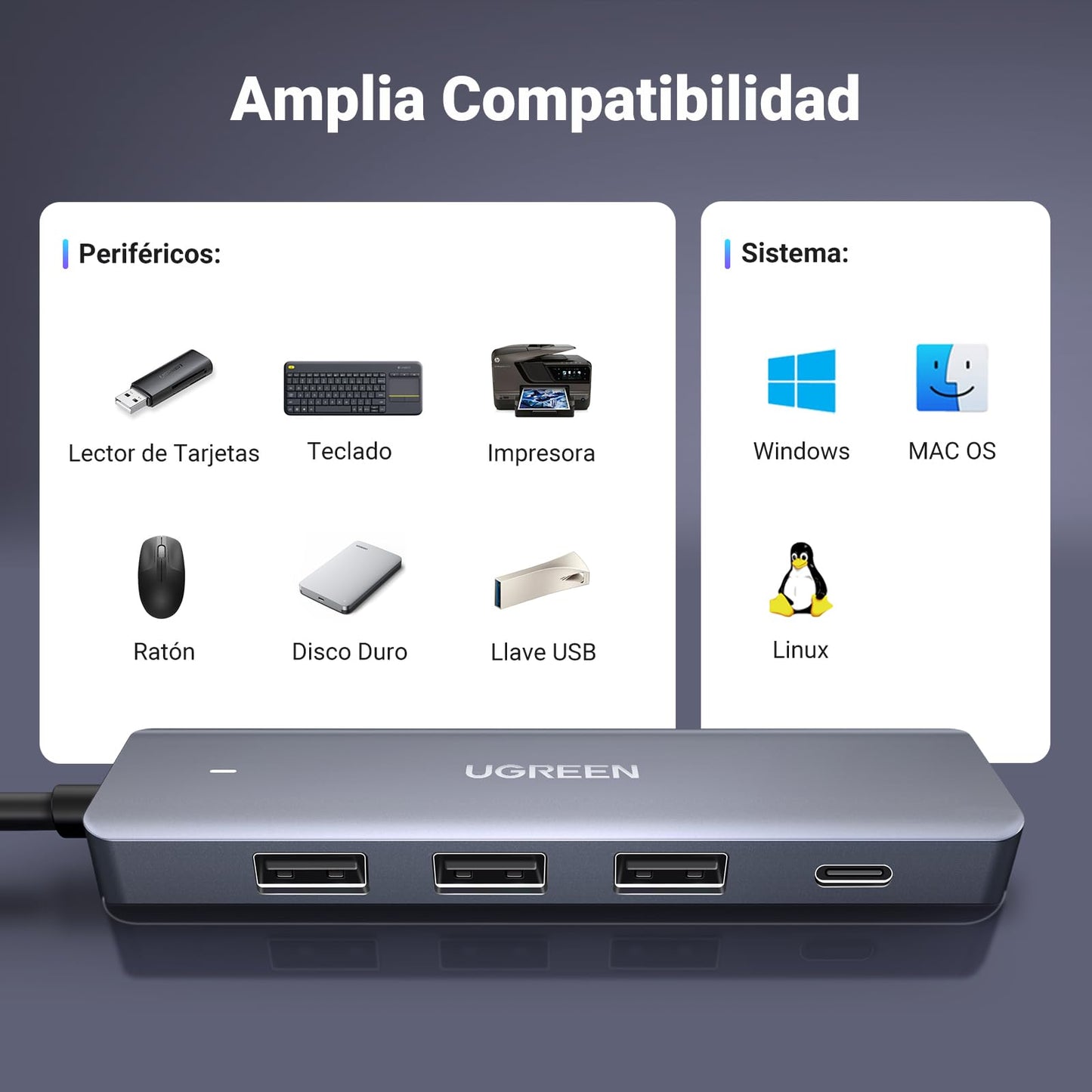 Hub USB 3.0 UGREEN Gris 5 en 1 con Carga PD para PC y Consolas