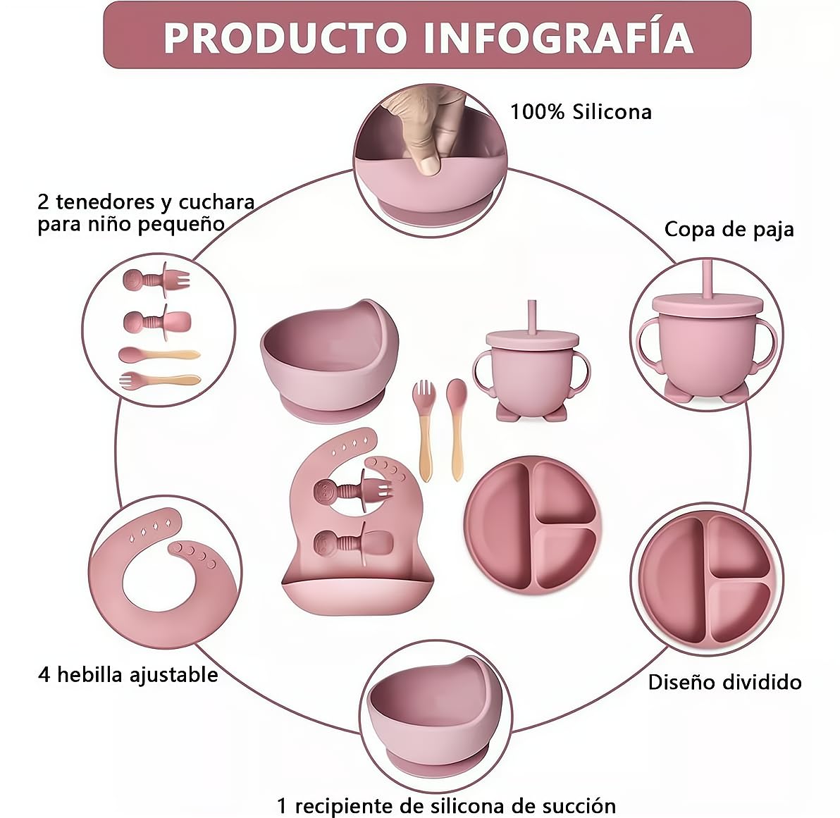 Set de Platos y Cubiertos Babe Rosa con Ventosas para Bebé