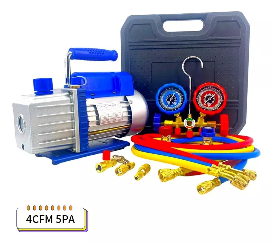FIXITFAST 4cfm 1/3hp Bomba De Vacío + Manómetro R134a/r22/r410a/r404a juego de manómetros de colector de 4 vías para refrigerantes para refrigeración HVAC A/C recarga y mantenimiento, sin aceite