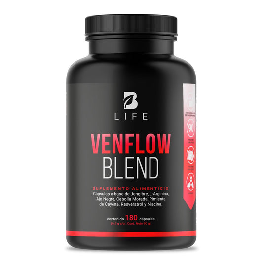 B Life Company Venflow Blend de 180 cápsulas. Ingredientes naturales: Jengibre, Ajo negro, Arginina, Resveratrol, Vitamina B3, Cebolla Morada y Pimienta de Cayena. Venflow Blend.
