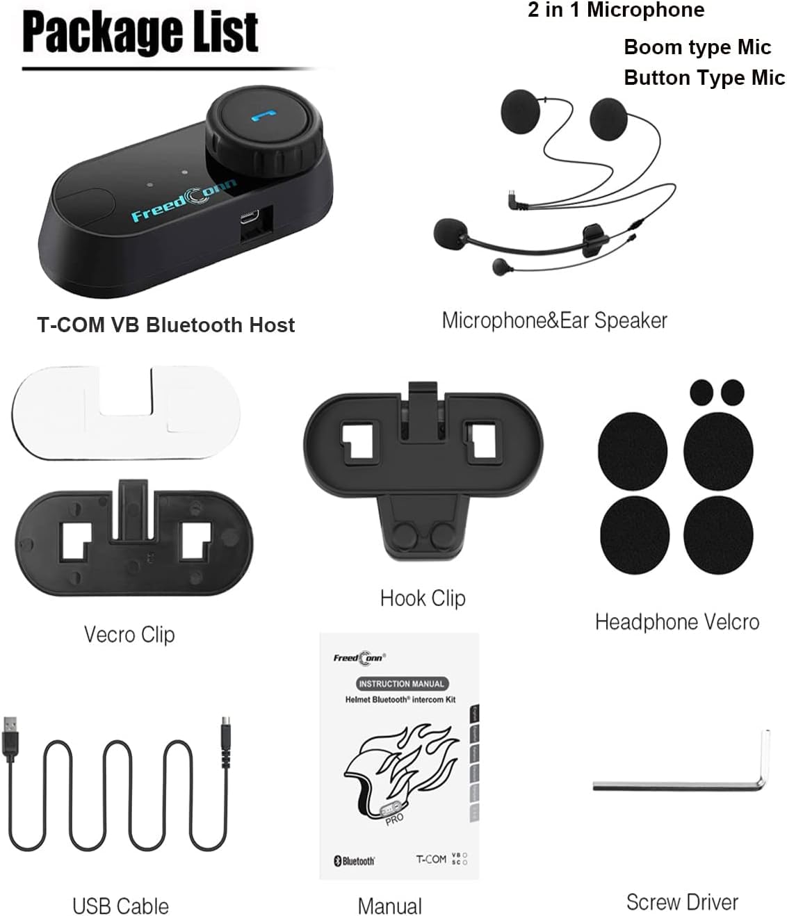 FreedConn TCOM VB Auriculares Bluetooth para Casco de Motocicleta, 2 Conductores 800 M compartiendo música, Sistema de comunicación de intercomunicador Impermeable/FM/Siri/BT5.0/micrófono 2 en 1