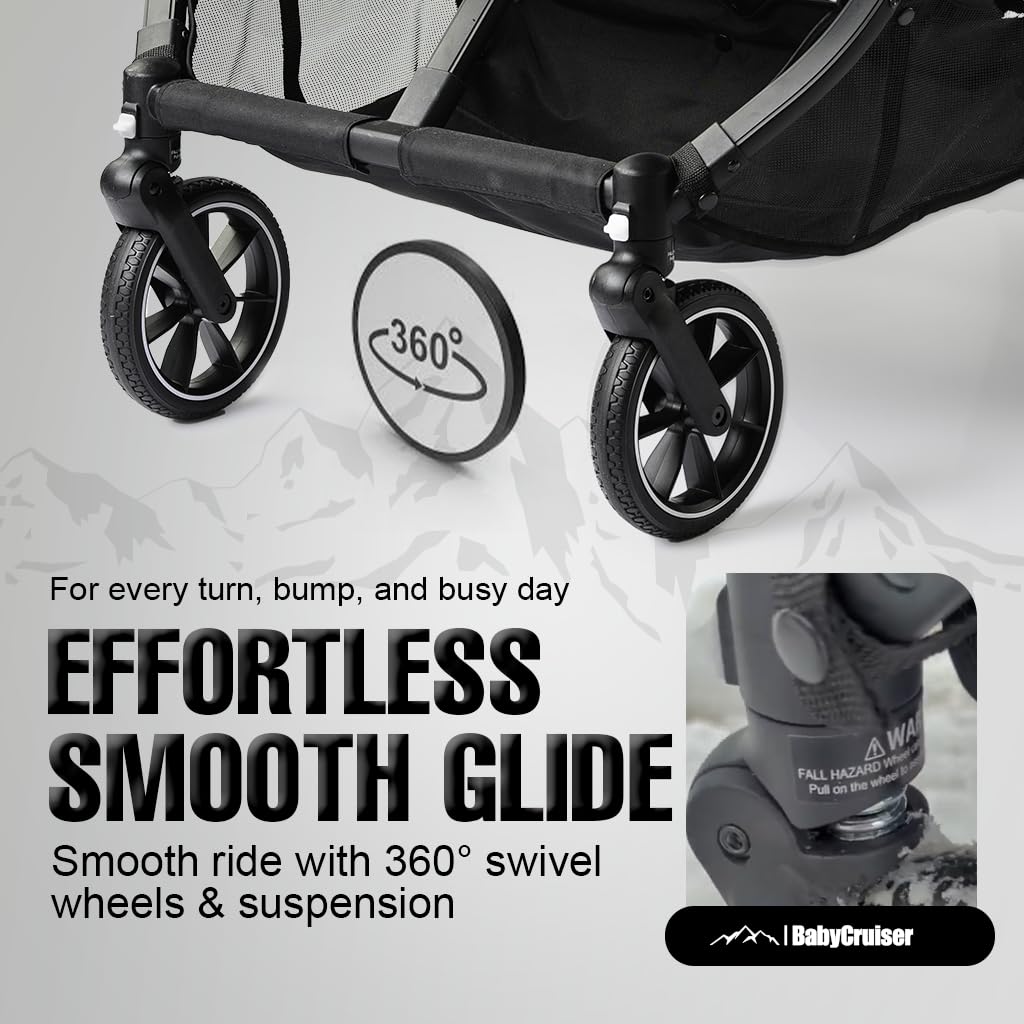 BabyCruiser - carriola doble para recién nacidos y niños pequeños, ruedas giratorias, plegado con una mano, tamaño compacto, ligero y doble carriola desde el nacimiento hasta 40 libras por asiento
