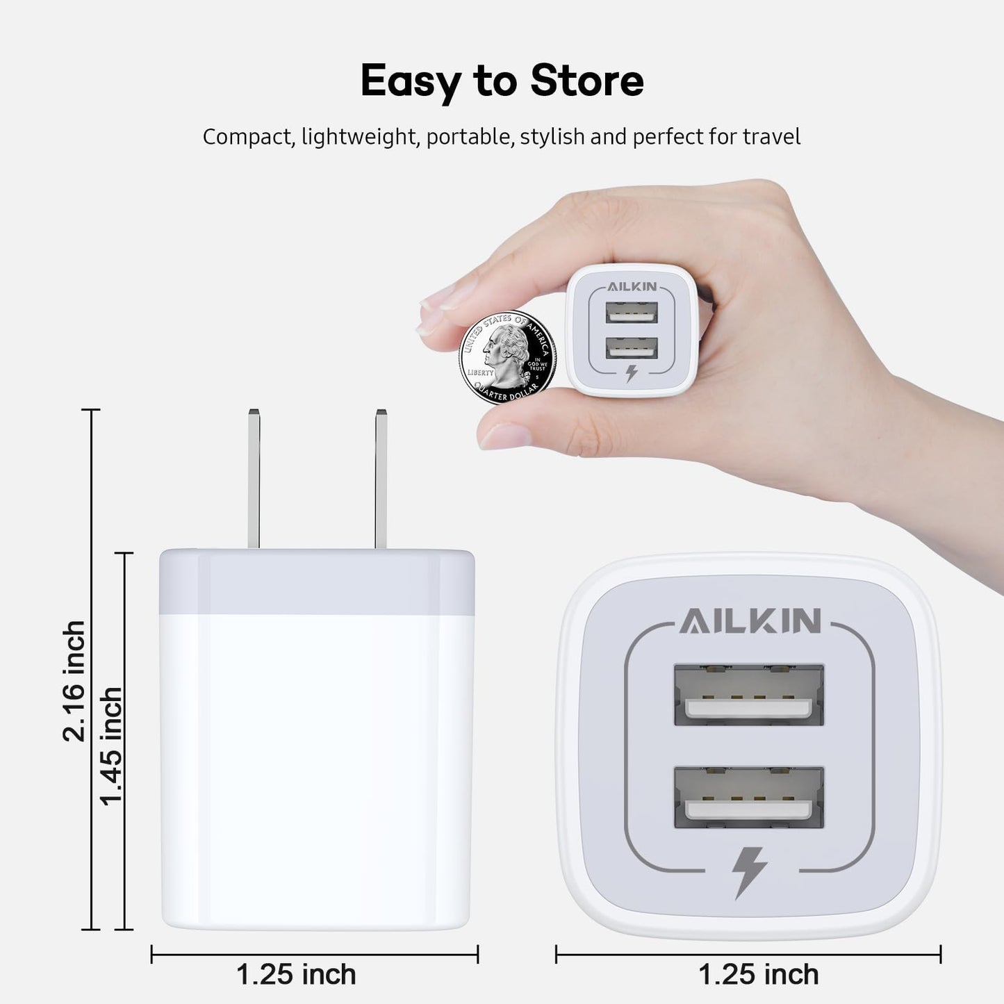 Cargador USB de Pared Ailkin Blanco 2.1Amp de Doble Puerto para iPhone, Samsung Galaxy y Más Dispositivos