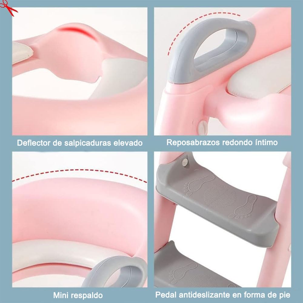 Jiula Asiento de Entrenamiento para Baño con Escalera Antideslizante - Asiento Entrenador para Baño Niño, Taburete Plegable Infantil para Taza, con Acolchonado, Asiento Ergonómico Rosa, A, Cojín Duro
