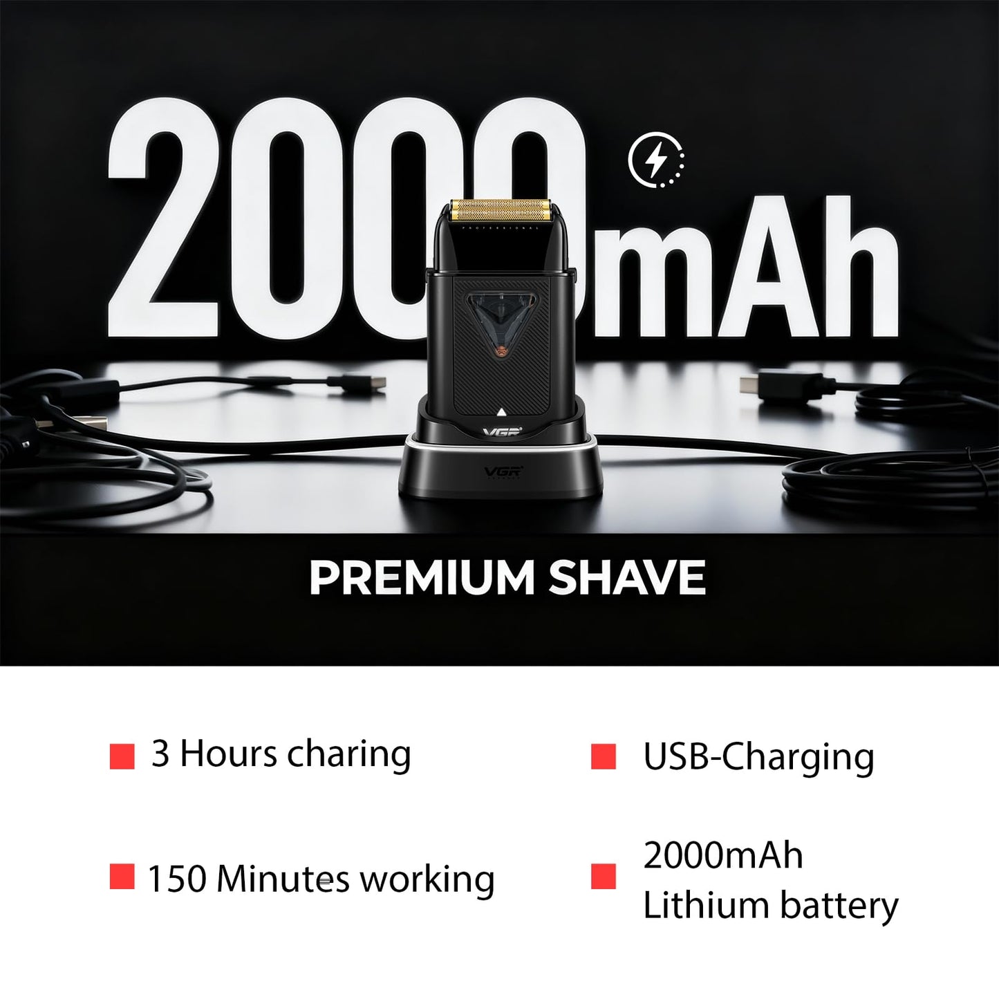VGR Afeitadora eléctrica para hombre 334, afeitadora compacta de doble lámina con motor vectorial de 10000 rpm, máquina de afeitar de 0 mm con estación de carga inalámbrica, lámpara LED y bolsa de