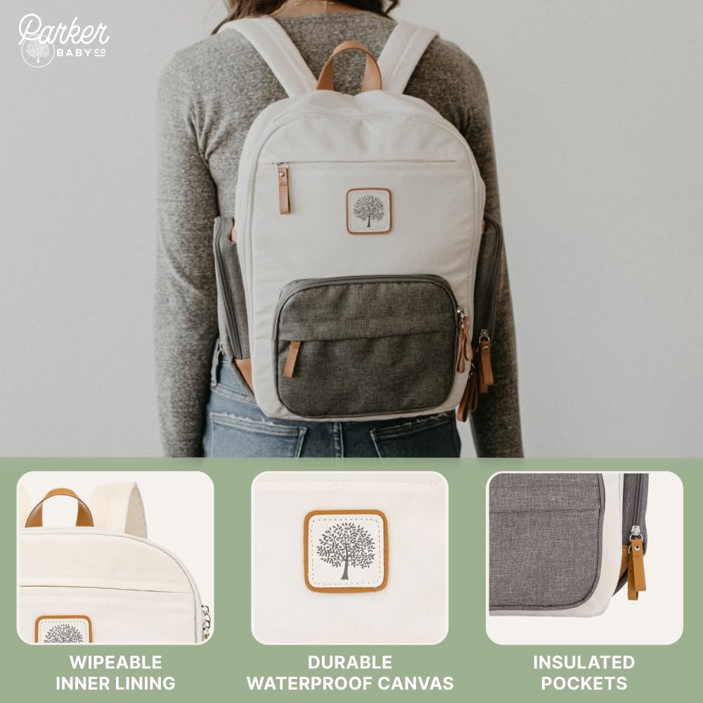 Parker Baby Co. - Mochila Pañalera Unisex Multifuncional con Cierra Completo y Bolsillos Térmicos para Mamá y Papá, Color Crema