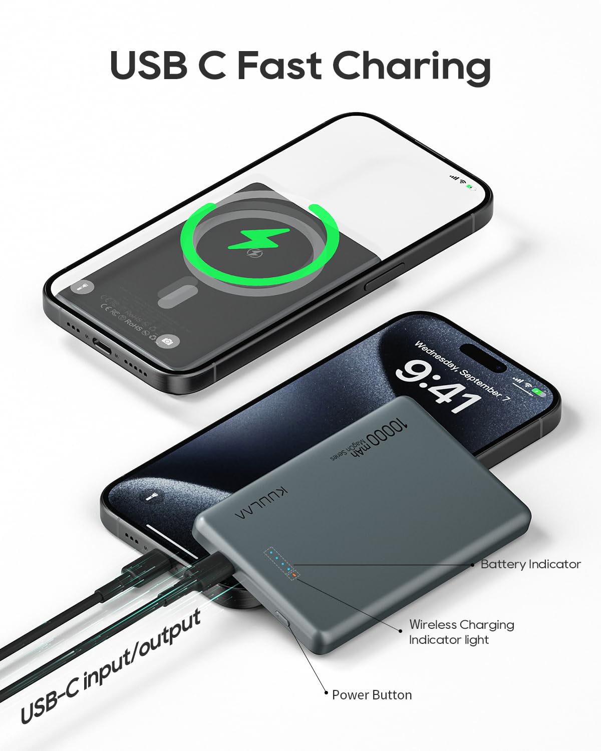 KuuLaa Power Bank 10000mAh Delgado con Pantalla Digital, Batería Portátil Magnética PD20W USB-C, Carga Rápida para iPhone 12-16/Samsung (Gris)
