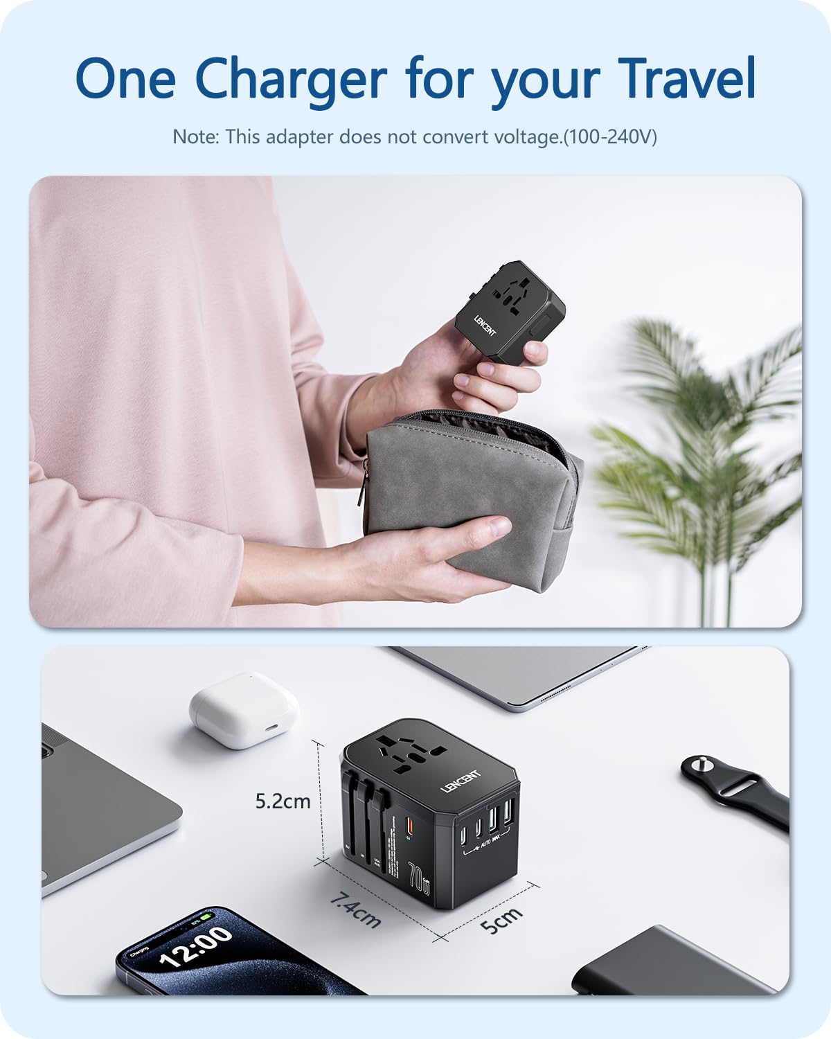 LENCENT Adaptador Universal de Viaje, GAN 70W Adaptador Internacional con 2 USB-A QC & 3 USB-C PD3.0, Cargador Internacional con Enchufe Tipo A/C/G/I para US/UE/UK/Australia/Argentina/Brasil, Negro
