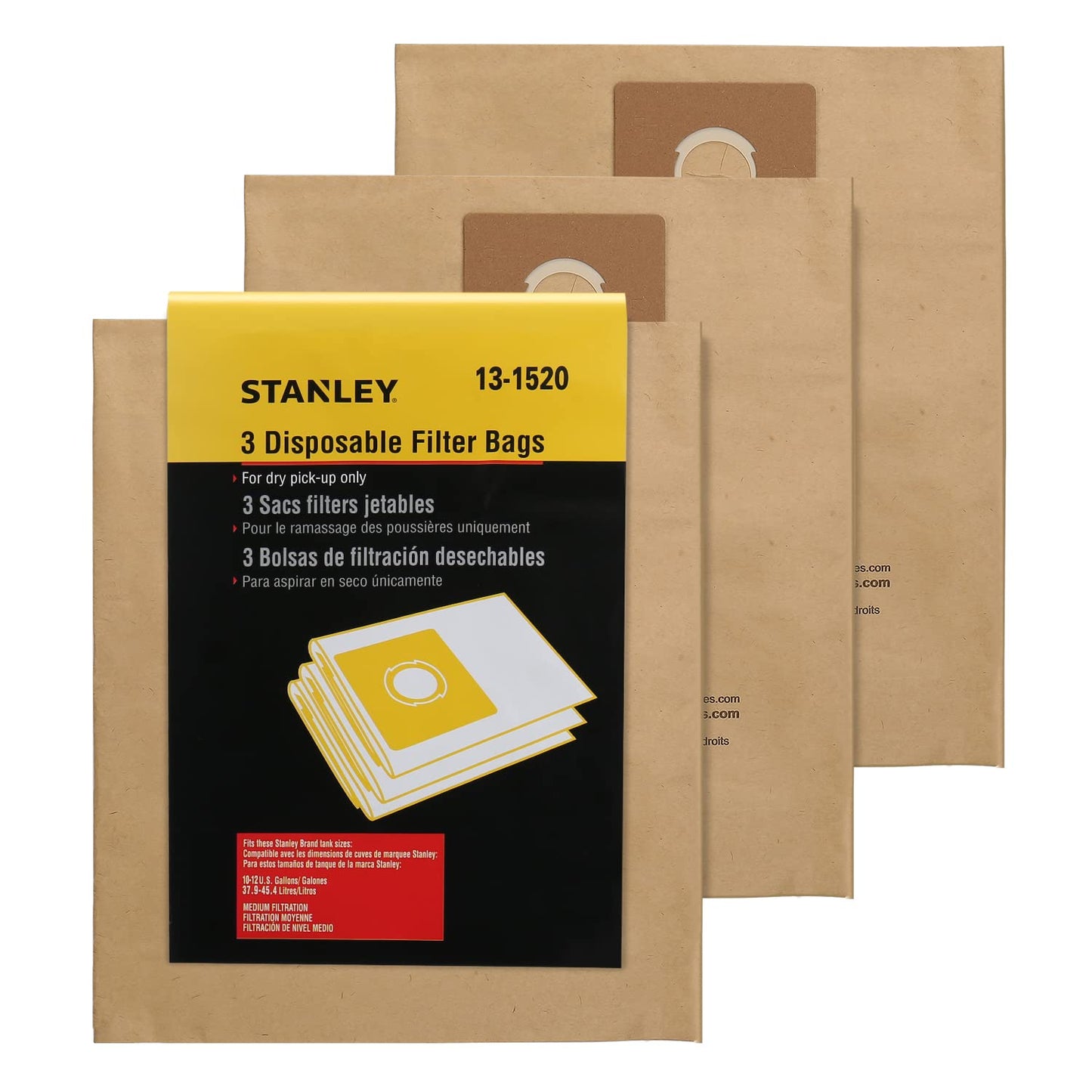 Bolsa de Filtro Desechable Stanley 13-1520 para Aspiradoras Húmedas o Secas de 10 Galones, Paquete de 3