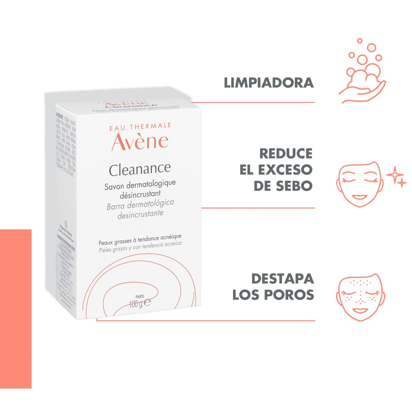 Avène Cleanance, Jabón en Barra Facial, Piel Grasa, 100gr