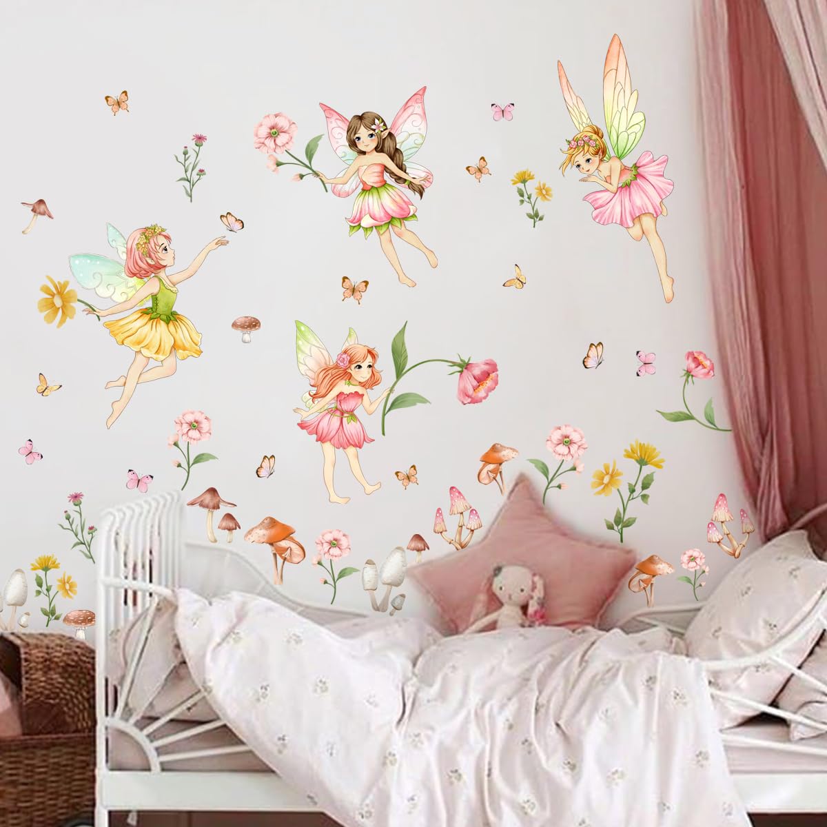 Vinilo decorativo para pared, diseño de hada de flores, diseño de hongos del bosque, pegatinas de pared con mariposa, murales de pared florales extraíbles para despegar y pegar para niños, papel