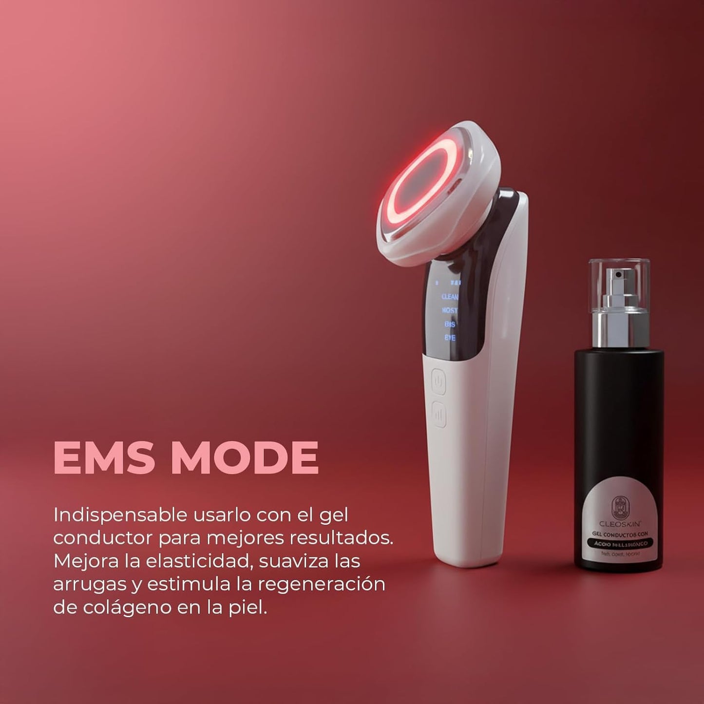 CLEOSKIN Masajeador Facial EMS de Fototerapia con Luz Roja y Azul - Kit Luminous Lifting con Gel Conductor para Reafirmar y Tonificar la Piel