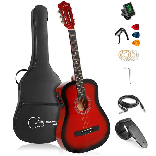 38 inch Electroacústica Guitarra Guitarra acustica con Afinadores,Correas,Cuerdas para Instrumentos,Plumillas,Cable amplificador guitarra,soul,Fundas para Guitarras 3/4 (Red)