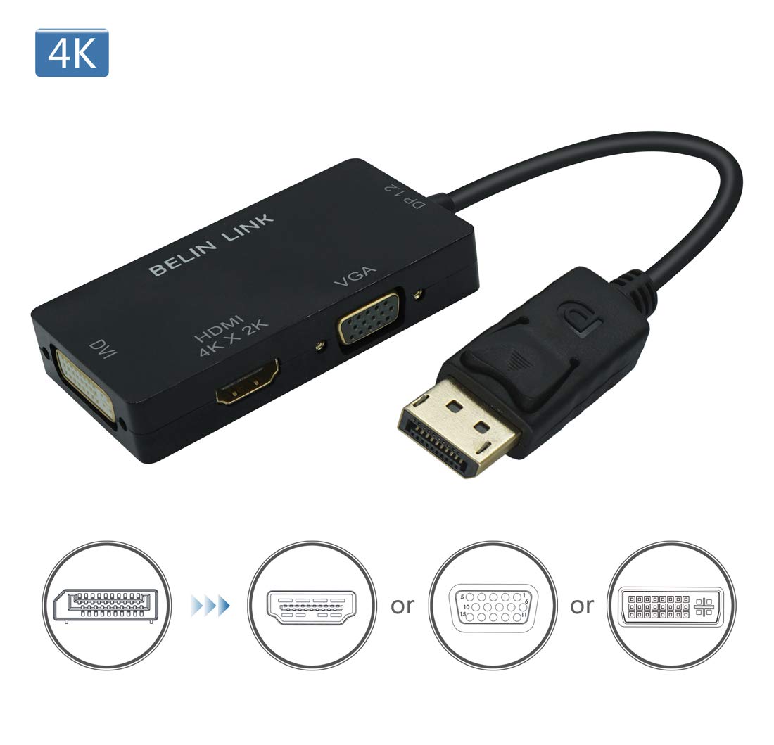 Adaptador DisplayPort DP HDMI VGA DVI Negro 4K Triple Función Gold-Plated