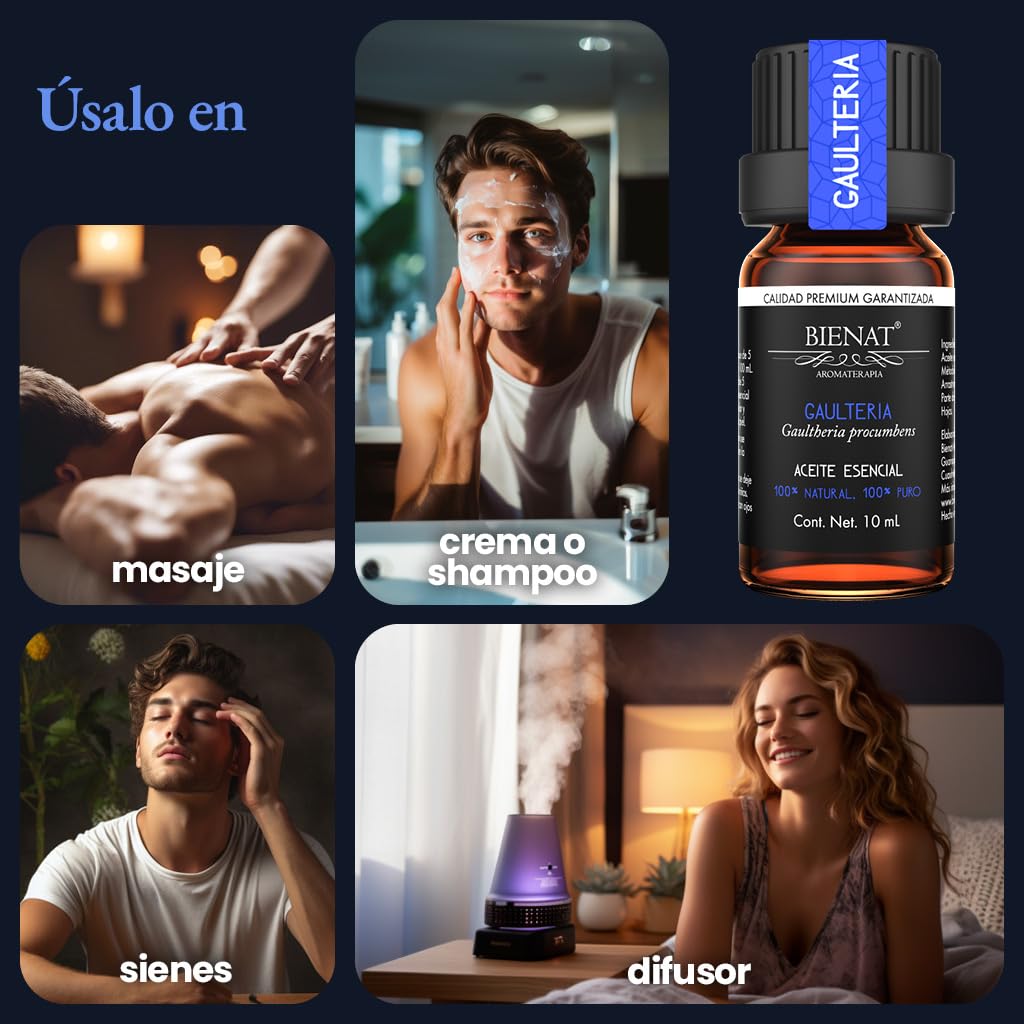 BIENAT AROMATERAPIA Aceite Esencial de Gaulteria 10mL | 100% Puro y Concentrado | Ideal para Difusor de Aromas, Humidificador, Aromaterapia, Masajes, Meditación, Jabones y Velas | Esencia Natural en Gotas