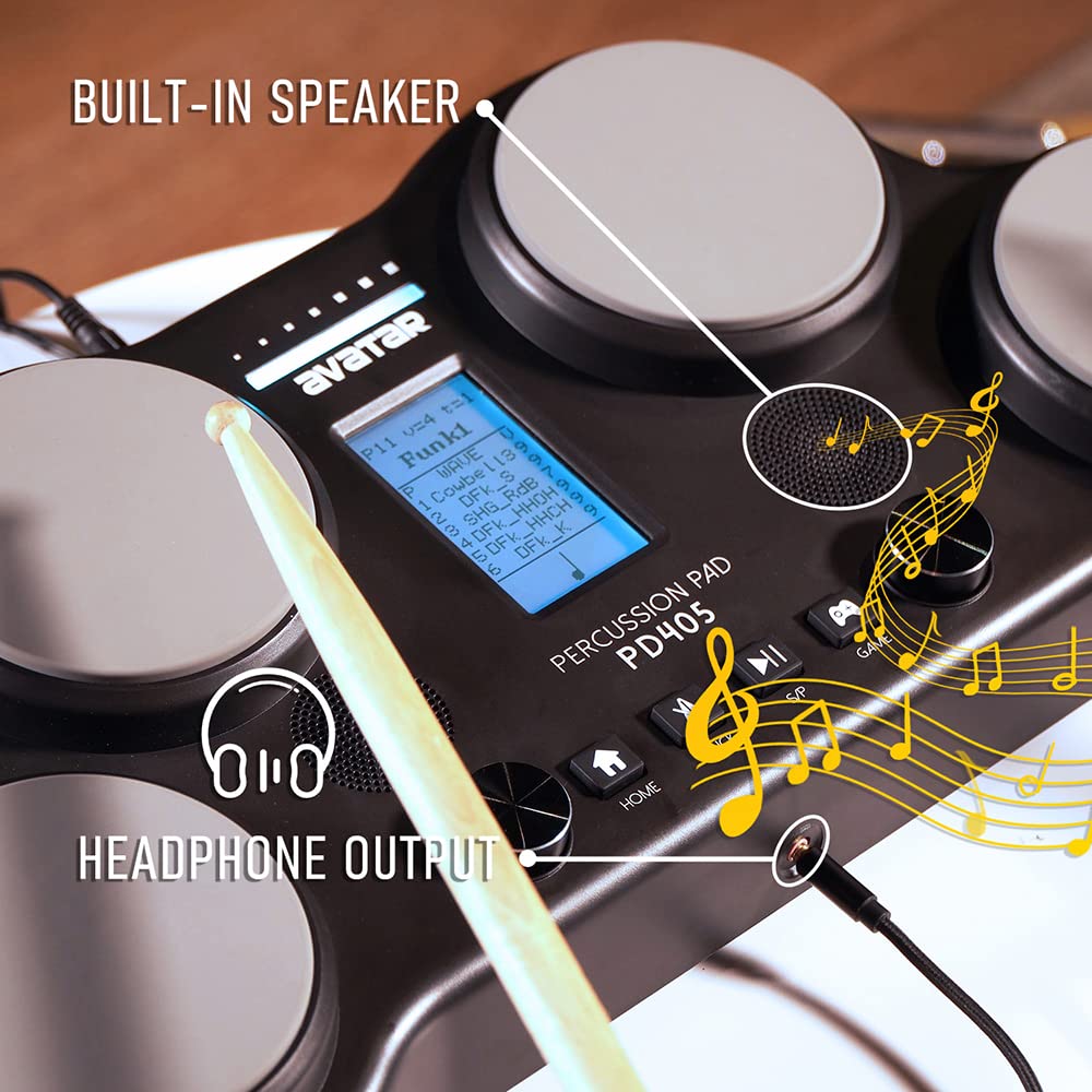 HXW PD405 - Juego de batería eléctrica de mesa, con 163 sonidos de percusión, 4 almohadillas para orejas de batería sensibles a la velocidad, 2 pedales y bastones de batería, regalo de cumpleaños