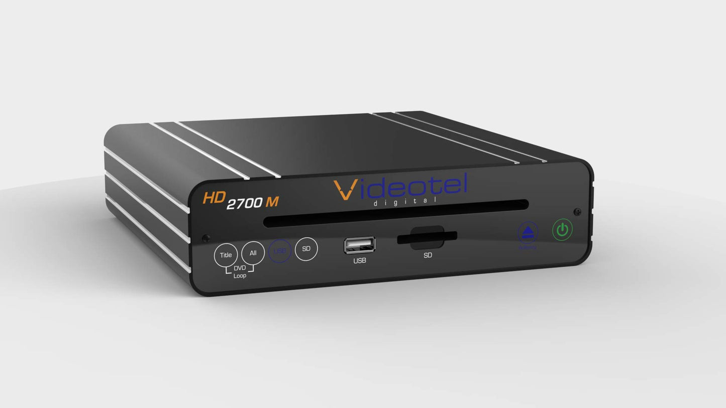 Videotel Reproductor multimedia digital de DVD y señalización digital de grado industrial todo en uno. DVD, USB y SD. 24/7 Reproducción continua en bucle, encendido automático, reproducción automática