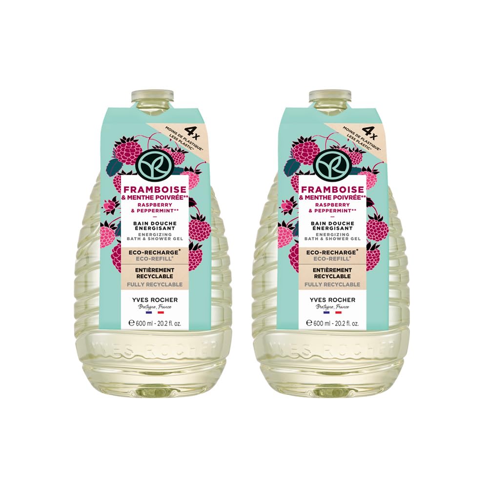 YVES ROCHER - Set Eco-Refill Gel de Ducha Frambuesa Hierbabuena, Todo Tipo de Piel, Fórmula Vegana, Incluye 2 Geles 600 ml c/u