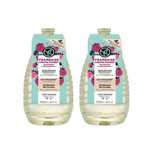 YVES ROCHER - Set Eco-Refill Gel de Ducha Frambuesa Hierbabuena, Todo Tipo de Piel, Fórmula Vegana, Incluye 2 Geles 600 ml c/u