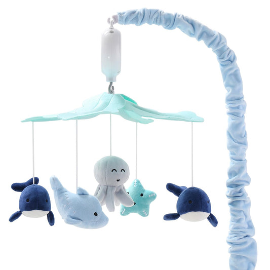 Móvil para Cuna The Peanutshell Azul Claro y Oscuro con 12 Canciones de Cuna decoración Náutica para Bebés Oceánicos