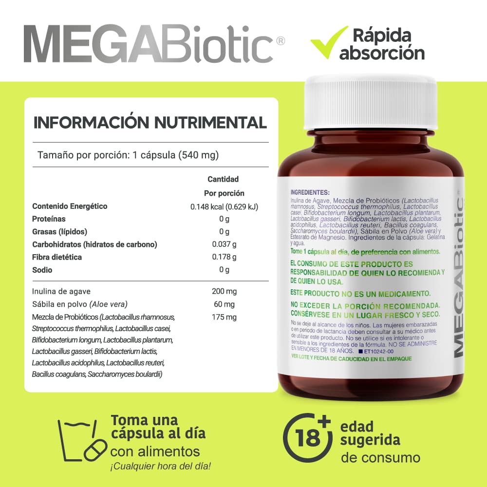 Suplemento Alimenticio MegaBiotic con Probióticos y Prebióticos 120 Billones 11 Cepas e Inulina de Agave