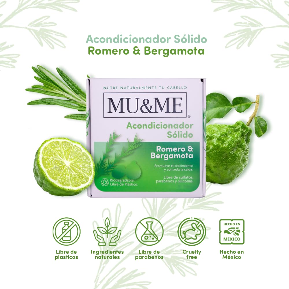 MU&ME Acondicionador Solido para el Crecimiento y Contol Caída - Acondicionador Sin Sulfatos y Parabenos con Romero para el Cabello - Hecho en Mexico (Romero & Bergamota) (140gr)