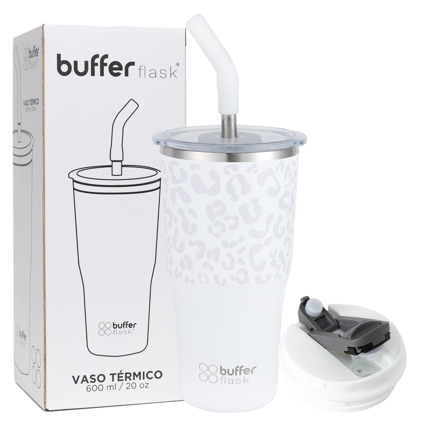 Buffer Flask - Vaso Térmico 600 ml - Termo para Café y Agua de Acero Inoxidable - Tapa Anti Derrame y Fugas - Taza Tumbler Mug para Bebidas Frías y Calientes - Incluye Popote - Color Leopardo Blanco