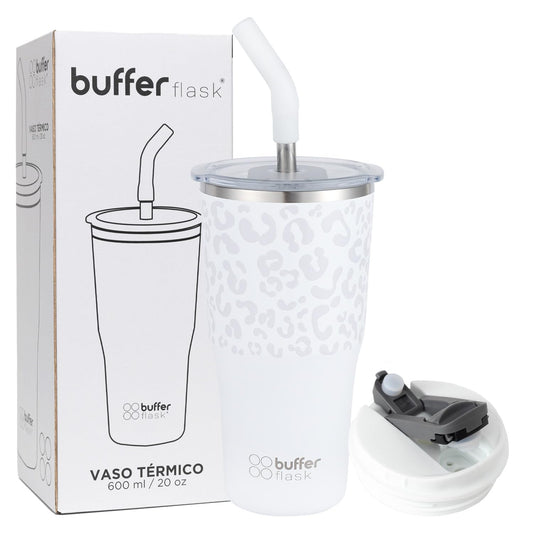 Buffer Flask - Vaso Térmico 600 ml - Termo para Café y Agua de Acero Inoxidable - Tapa Anti Derrame y Fugas - Taza Tumbler Mug para Bebidas Frías y Calientes - Incluye Popote - Color Leopardo Blanco
