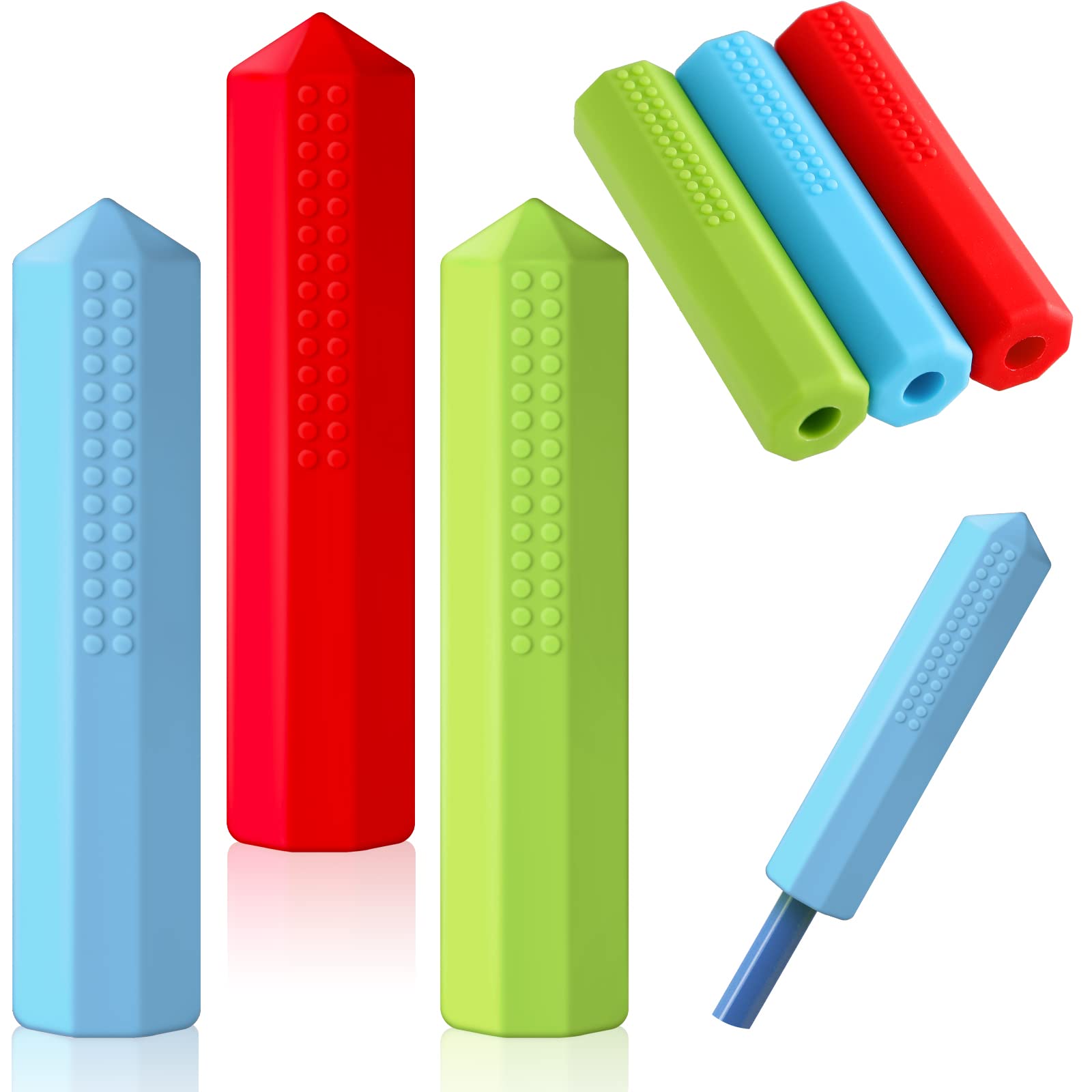 Eersida - Juego de 6 piezas de lápices sensoriales masticables para lápices masticables, juguetes sensoriales para niños y niñas, necesidades motoras orales (rojo, azul, verde)