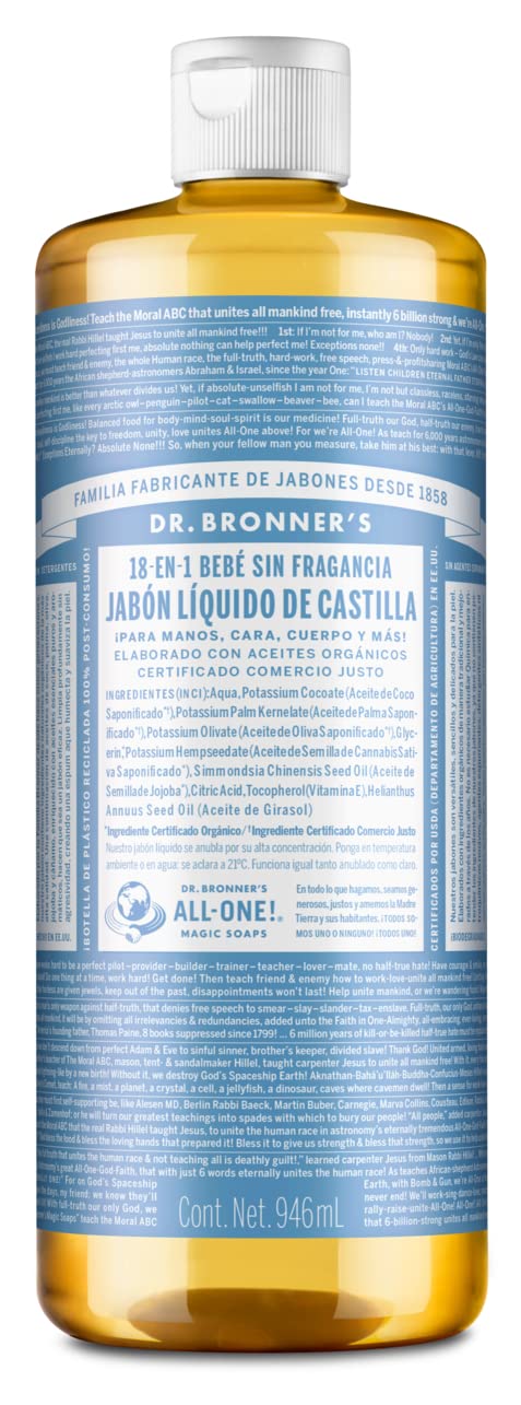 Dr. Bronner's | Jabón de castilla orgánico líquido multiusos, fórmula concentrada, suavidad pura y cuidado para piel sensible, sin aceites esenciales naturales, aroma Sin Aroma (946 ml)