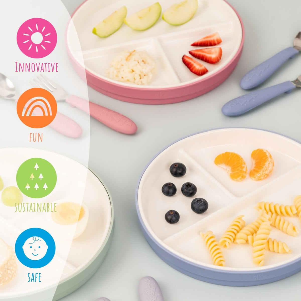 Elk and Friends Kids - Platos divididos de porcelana blanca de 6.7 pulgadas con mangas de succión de silicona, adecuados para bebés/niños pequeños, aptos para microondas y lavaplatos, vajilla para