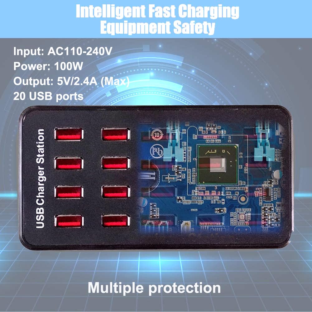 Estación de Carga USB MaxLax Negro de 20 Puertos 100W Compatible con Smartphones y Tabletast