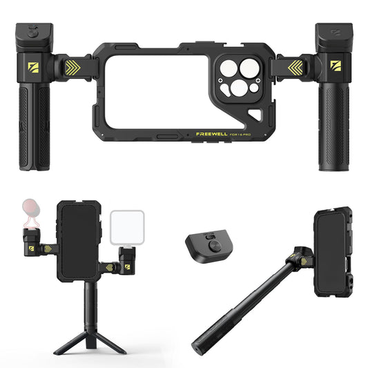 Rig Cage Freewell iPhone 16 Pro Negro Configuración sin Herramientas con Asas Multifuncionales y Control Remoto Bluetooth