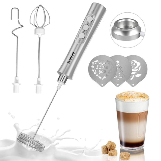 Dallfoll - Espumador de leche de mano, recargable por USB, mini máquina de espuma eléctrica para café Lattes, 3 velocidades, espumador de leche mezcladora de bebidas con 3 batidores para café a prueba de balas, capuchino, matcha