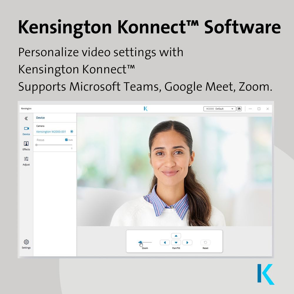 Webcam Full HD 1080P Kensington Auto Focus con Micrófono para Videoconferencias, Software Control y Privacy Shutter
