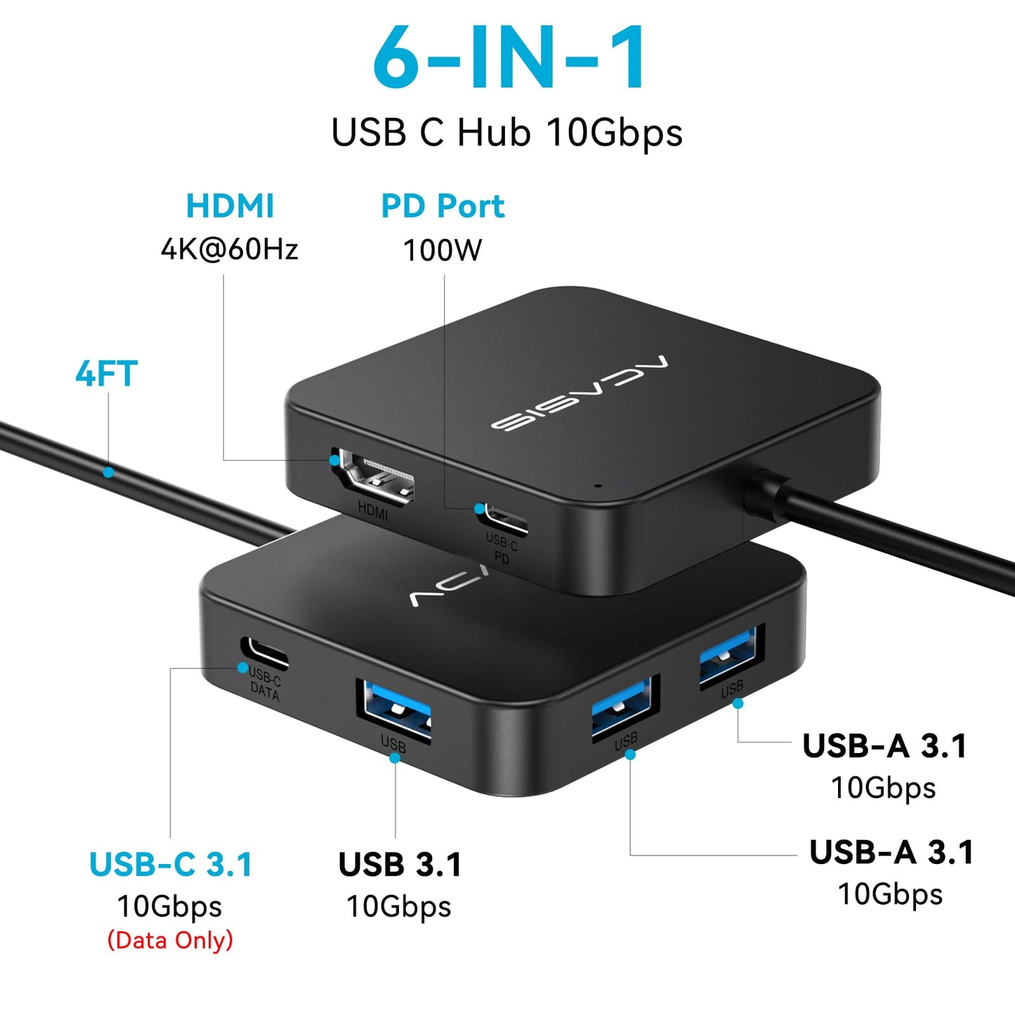 Cable largo USB C Hub de 4 pies 10 Gbps, adaptador multipuerto con 4K 60Hz HDMI, 100W de suministro de energía, 3 puertos USB A3.1+1 USB-C 3.1 de datos, adaptador USB C a HDMI para MacBook, Dell