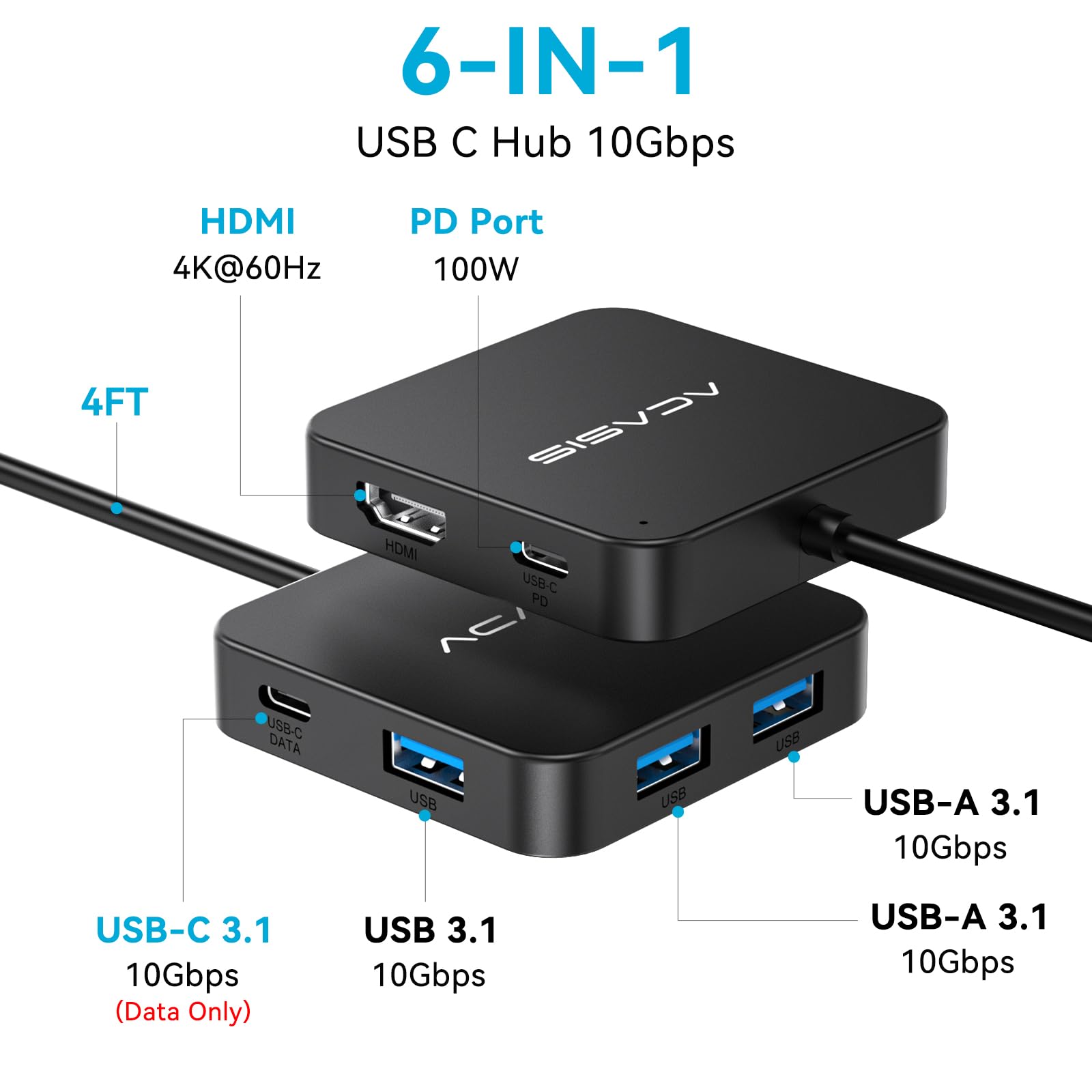 Cable largo USB C Hub de 4 pies 10 Gbps, adaptador multipuerto con 4K 60Hz HDMI, 100W de suministro de energía, 3 puertos USB A3.1+1 USB-C 3.1 de datos, adaptador USB C a HDMI para MacBook, Dell