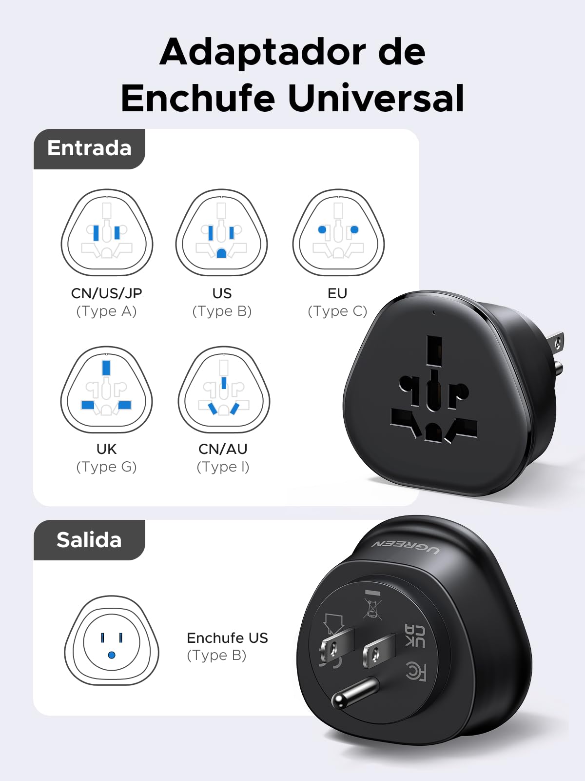 Adaptador de Viaje Internacional UGREEN US Blanco Paquete de 2