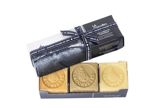 La Corvette | Cofre para Regalo de 3 Jabones Naturales de Oliva, Miel y Castañas y Albahaca, Hecho en Provence 100% de Aceites Vegetales Puros, Sin Parabenos, 3 piezas de 100 g.
