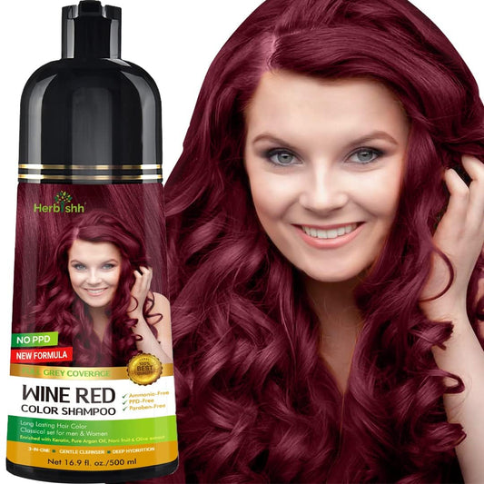 Herbishh - Champú colorante para cabello gris, champú con tinte natural para el cabello, colorea el cabello en minutos, dura hasta de 3 a 4 semanas, 500 ml, tinte de cabello 3 en 1, sin amoniaco | (rojo vino)