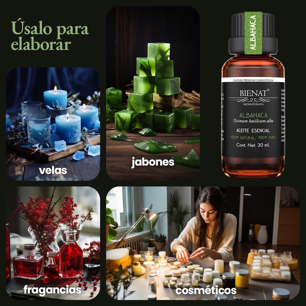BIENAT AROMATERAPIA Aceite Esencial de Albahaca 30mL | 100% Puro y Concentrado | Ideal para Difusor de Aromas, Humidificador, Aromaterapia, Masajes, Meditación, Jabones y Velas | Esencia Natural en Gotas