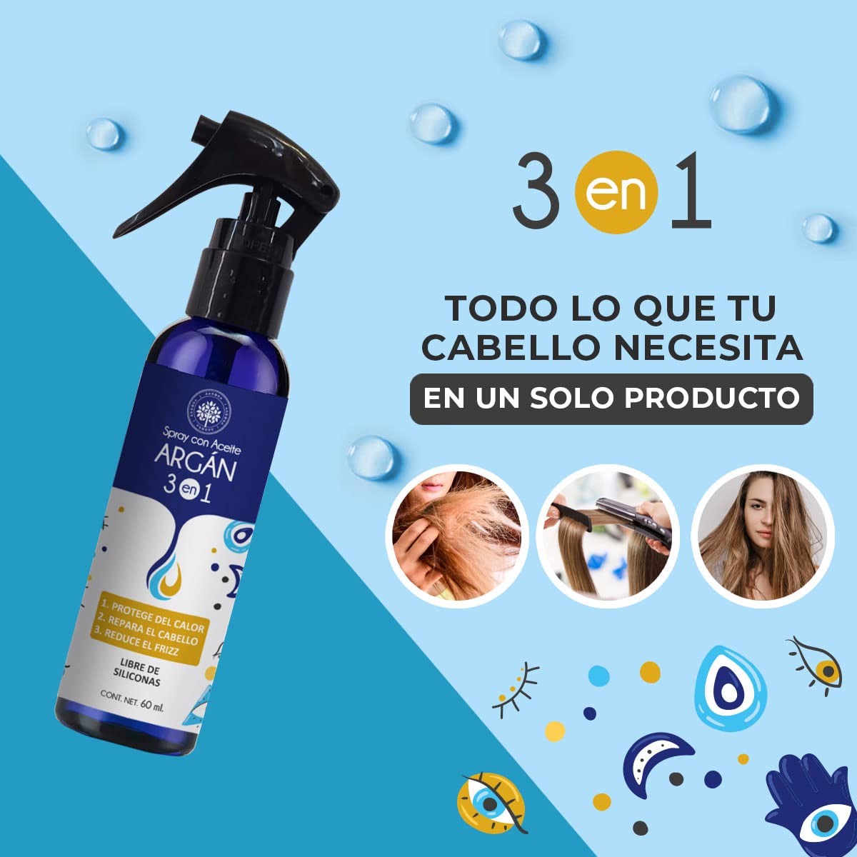 KIT Spray 3 en 1 Termoprotector + Loción Capilar Anticaída. Spray 3 en 1 con Aceite de Argán: Protege del calor, Restaura, Reduce Frizz. LOCIÓN CAPILAR Anticaída & Crecimiento: Con Romero y otros activos naturales. Sin Minoxidil. Árbora 60 ml. / 60 ml.